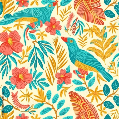 Tropical birds mingle with vivid flora in this bright, cheerful pattern, ideal for textiles with a natural flair. © Oksana Smyshliaeva