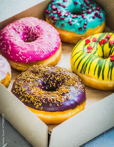 Colorful donuts box close-up