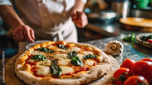 An artisan chef in a commercial kitchen presents a handcrafted Margherita pizza adorned with fresh basil leaves.
