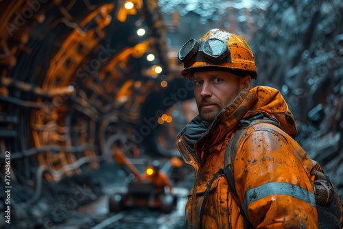 Miner with Headlamp in Underground Mine Shaft. Miner with goggles and headlamp pauses in an underground mine shaft, surrounded by industrial mining equipment.