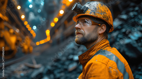 Miner with Headlamp in Mine Interior. Contemplative miner wearing a headlamp looks upward while standing in a dimly lit mine, with illuminated bokeh in the background.