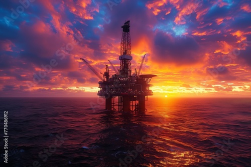 Sunset Over Offshore Oil Drilling Rig. Sun sets in a blaze of colors behind an offshore oil drilling rig, casting a serene glow over the calm ocean waters.