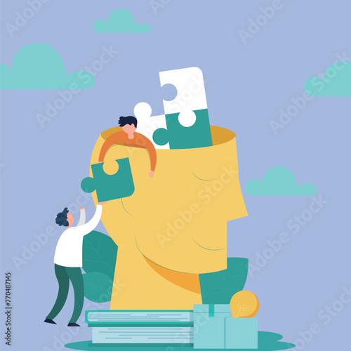 An illustration depicting two people assembling large puzzle pieces into a head-shaped structure, symbolizing problem-solving and collaboration.
