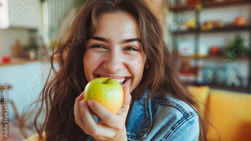 Caucasian woman smiling with an apple in her hand
