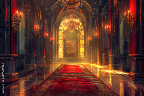 A realistic fantasy interior of the royal palace. Red golden castle interior, Generative Ai