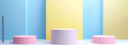 Three magenta circles stand against an azure rectangular wall