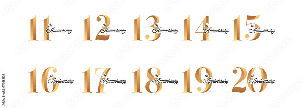 set of anniversary logos from 11 year to 20 years with gold numbers on a white background for celebratory moments set of anniversary logos from 11 year to 20 years with gold numbers on a white background for celebratory moments