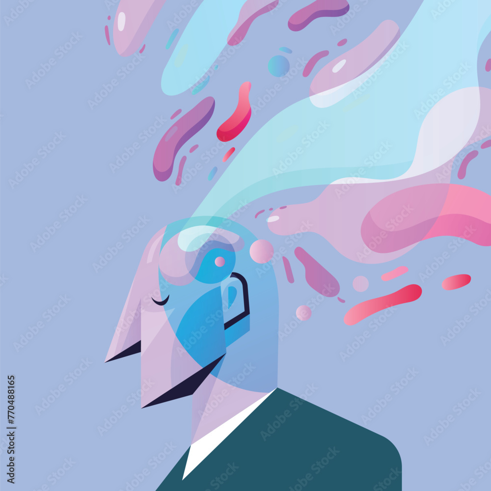 A stylized portrayal of a figure with a geometric head, from which a vibrant splash of abstract shapes and colors flows, symbolizing a burst of creativity and imagination.
