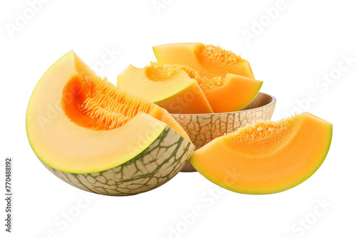 Halved Melon in Bowl. On a White or Clear Surface PNG Transparent Background.