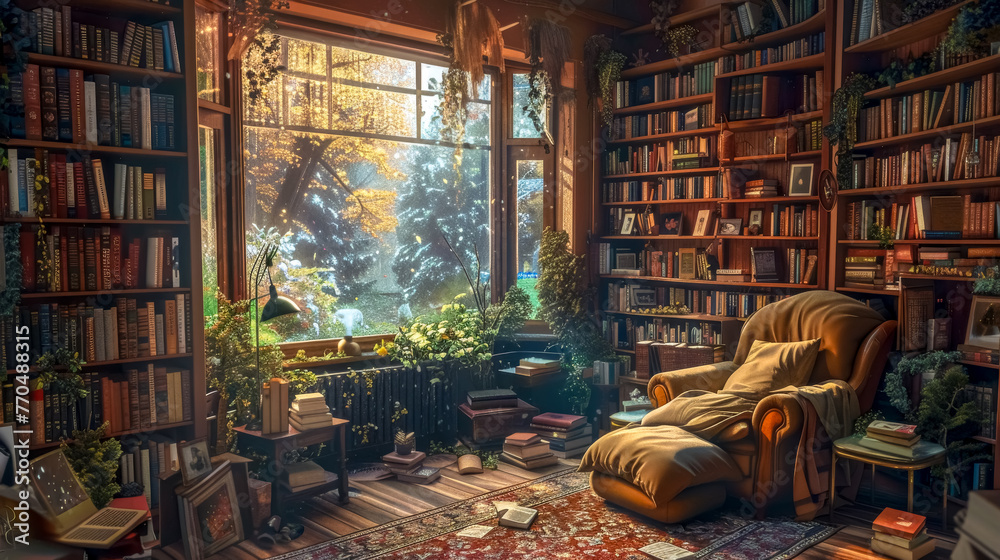 Naklejka premium Cozy home library with warm lighting