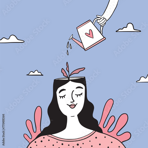 A playful illustration showing a hand pouring water from a watering can with a heart on it onto a woman's head, prompting a sprout to grow, representing self-love and care.
