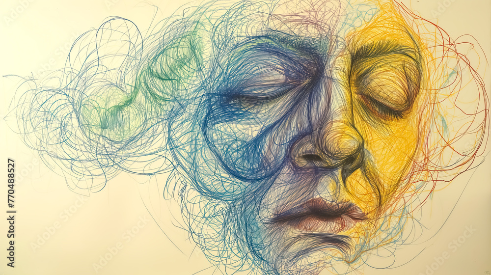 female face dreaming sleeping made with chaotic mix of colorful scribbles lines on simple pastel background - obrazy, fototapety, plakaty 