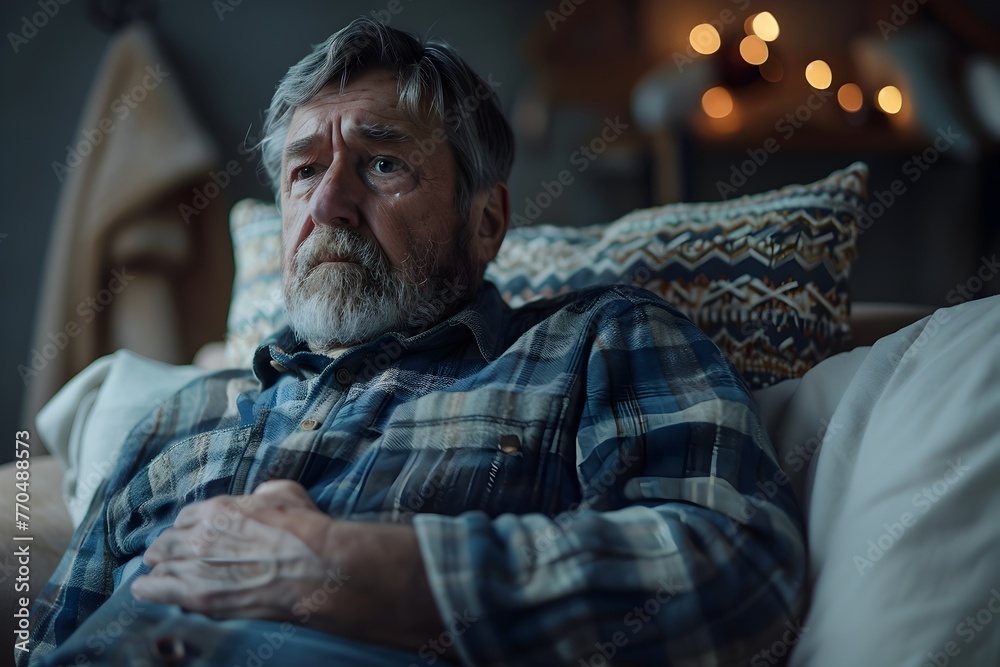 Elderly Man with Plaid Shirt Resting Contemplatively on Couch in Dimly Lit Living Room,Appearing Pensive and Weary