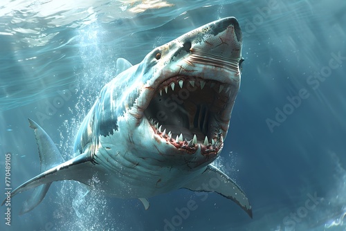 Fierce Great White Shark Attacking Underwater with Razor-Sharp Teeth Visible