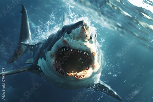 Fierce Great White Shark Lunging from the Depths with Jaws Wide Open Displaying Sharp Teeth in Powerful Underwater Attack