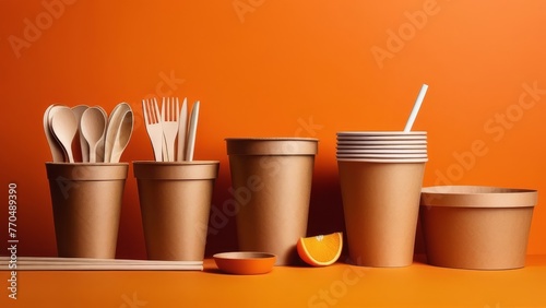 A table with a variety of paper cups, spoons, forks, and bowls. The table is orange in color. Ecology theme. Eco-friendly dishes.