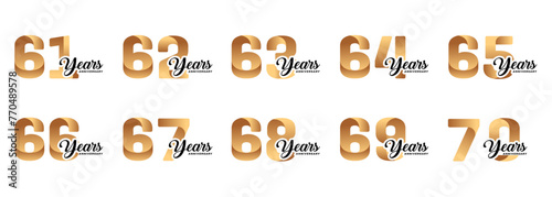 set of anniversary logos from 61 year to 70 years with gold numbers on a white background for celebratory moments,celebration event. © reza