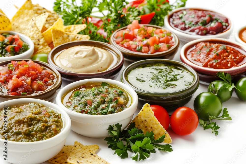 An array of colorful salsa varieties in small bowls, paired with fresh tortilla chips for dipping. An array of colorful salsa varieties in small bowls, paired with fresh tortilla chips for dipping.