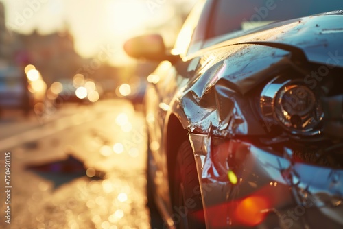 Close up of a silver car accident on the road with a sunlight background © Arlessa