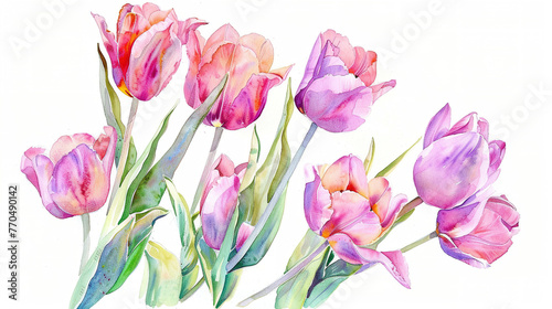 Pink tulips watercolor illustration on white background, Wedding Bouquet © Ron