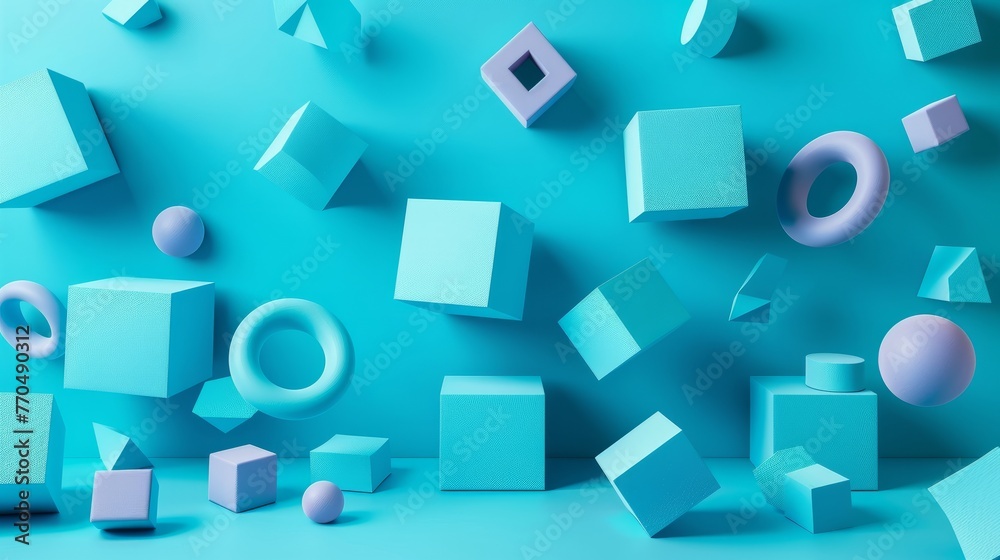 Abstract minimal 3d rendering, bright blue geometric background with cubes, objects, forms. Modern background design for presentations, brands, templates, banners with empty space
