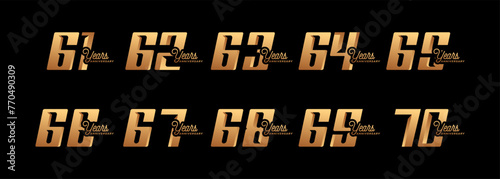 set of anniversary logos from 61 year to 70 years with gold numbers on a black background for celebratory moments,celebration event.