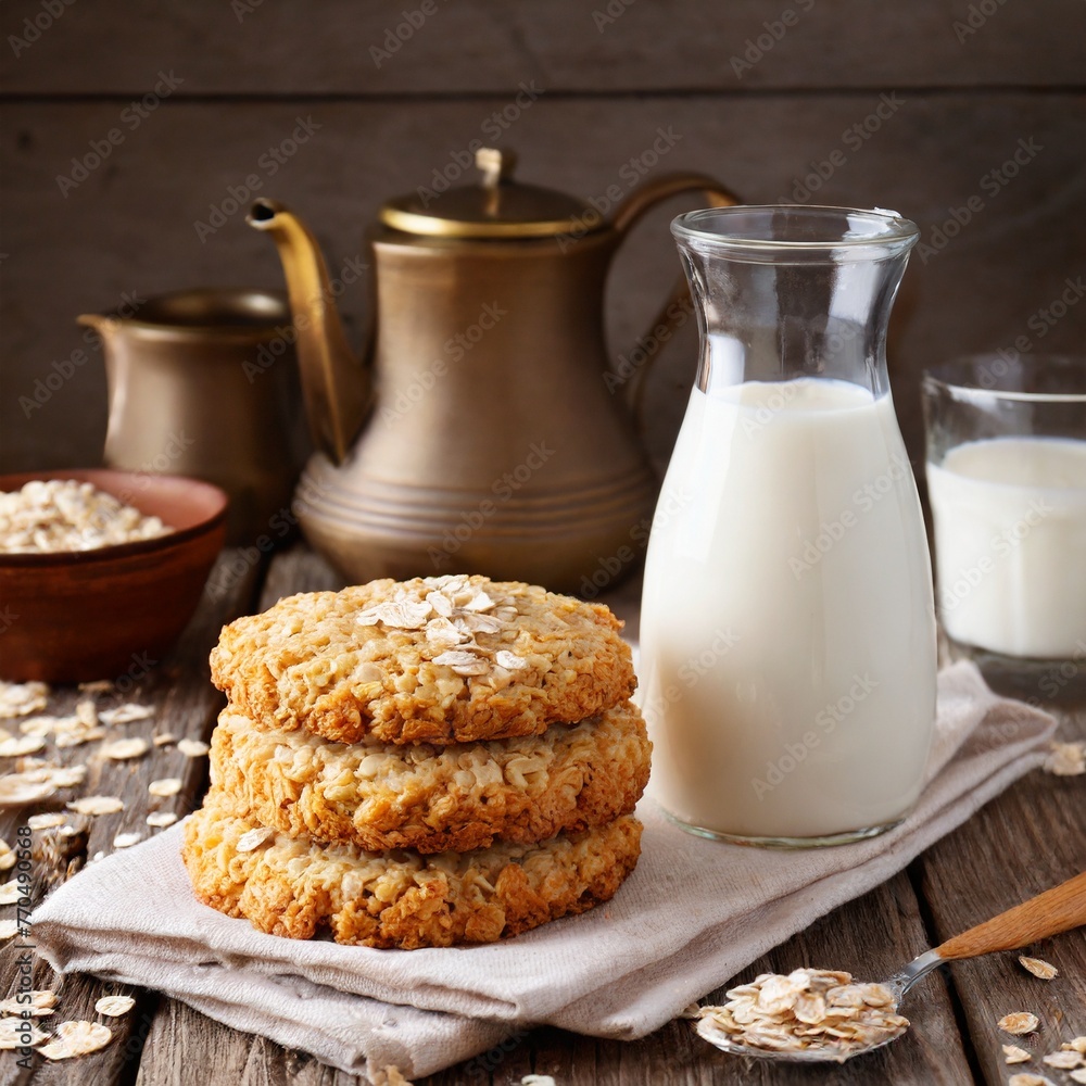 Blissful Combination: Freshly Baked Oatmeal Cookies and Cool Milk Blissful Combination: Freshly Baked Oatmeal Cookies and Cool Milk