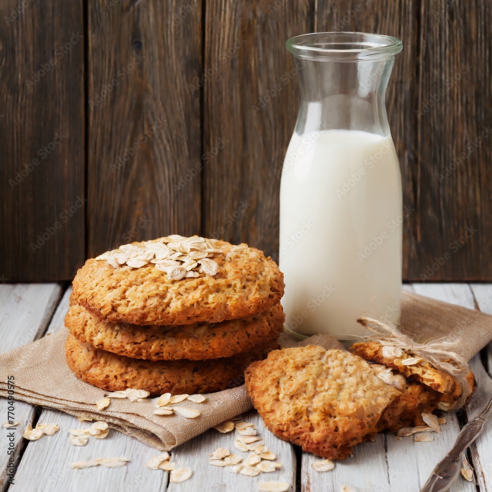 Classic Comfort: Aromatic Oatmeal Cookies and a Glass of Milk Classic Comfort: Aromatic Oatmeal Cookies and a Glass of Milk