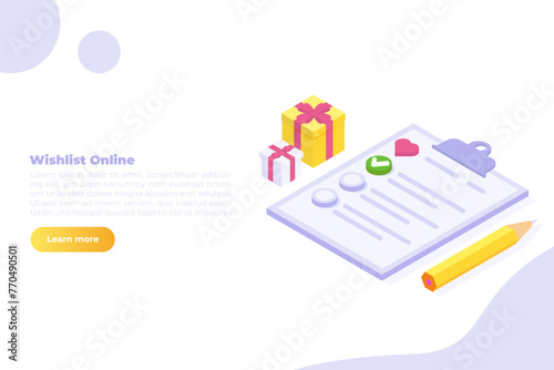 Online shopping wishlist, add to personalized collection concept. Isometric Vector illustration.