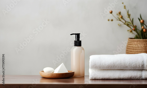 Towels and bottles of cosmetic products on table in bathroom, closeup