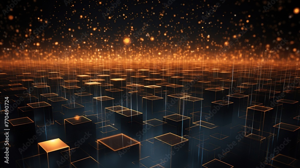 Fototapeta premium Golden particles drift over a vast digital landscape of interconnected boxes, depicting data dynamics in cyberspace for a backdrop without text, perfect for conveying concepts of networking