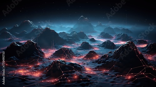A digital landscape of glowing, neon red veins spreads across shadowy mountains under a starlit sky, symbolizing data flow, futuristic technology, and virtual worlds