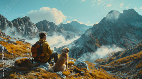 dog and owner landscape in the mountains