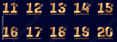 set of anniversary logos from 11 year to 20 years with gold numbers on a black background for celebratory moments photo