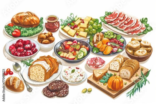 Illustration of a table overflowing with traditional Purim foods, set in a festive atmosphere. photo