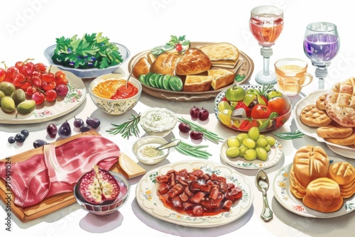 Illustration of a table filled with traditional Purim foods like hamantaschen and kreplach, surrounded by festive decorations. © Jennie Pavl