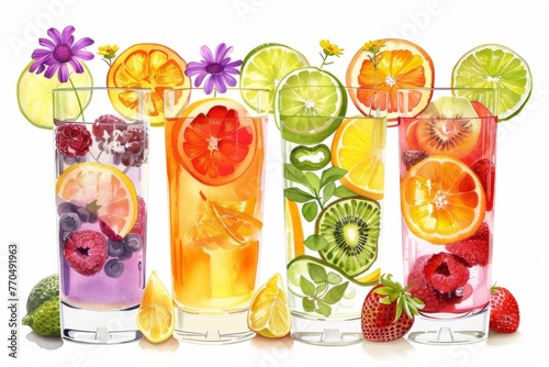 Illustration of colorful, fruity beverages in vibrant hues, perfect for a refreshing summer treat.