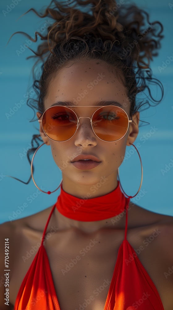 Portrait of woman in sunglasses and red halter Portrait of woman in sunglasses and red halter