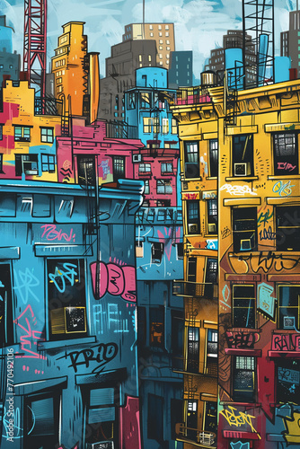 city skyline, graffiti. AI generative