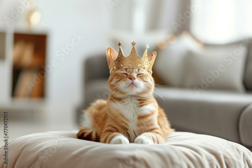 Cute striped cat proudly wearing a crown at home. Treating your pet as a king or queen. Feline royalty resting on a pillow in cozy living room. © MNStudio