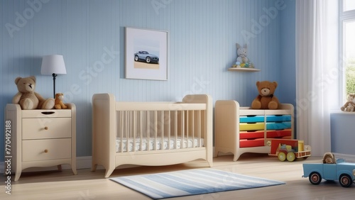 A nursery room with a blue wall and a white crib. There are two teddy bears on the bed and a toy truck on the floor