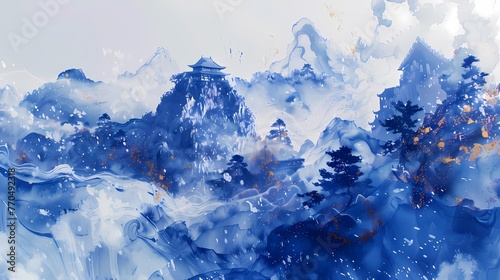 Chinese landscape ink illustration poster background © jinzhen