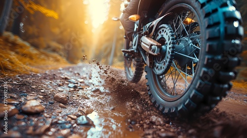 A close-up shot of a sport bike's front wheel kicking up gravel as it takes a sharp turn on a dirt trail