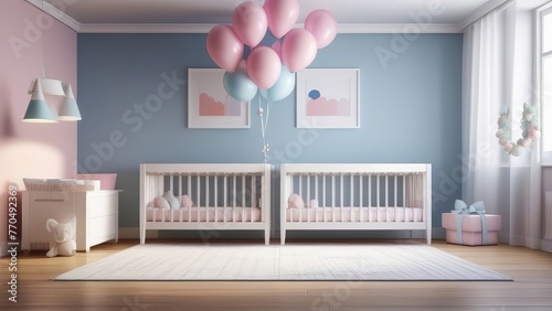 A nursery with a white crib and a teddy bear. The room is decorated with pink and purple balloons © Sarbinaz Mustafina