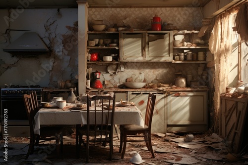 A cluttered kitchen with a dusty table and chairs, evoking neglect and disorganization in a fractured home of war destruction. Generative AI
