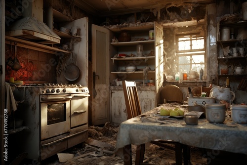 Inside a fractured home, an old kitchen with a worn table and stove showcases remnants of the past. Generative AI photo