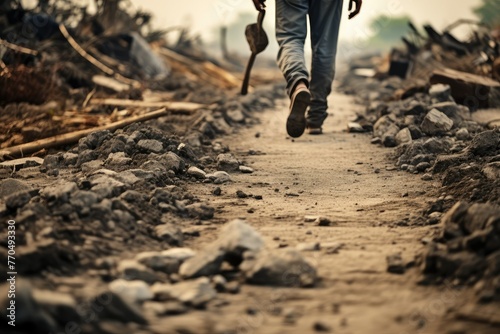 A man, a survivor of war, walks down a dirt road holding a shovel, symbolizing hope and resilience in rebuilding his life. Generative AI photo