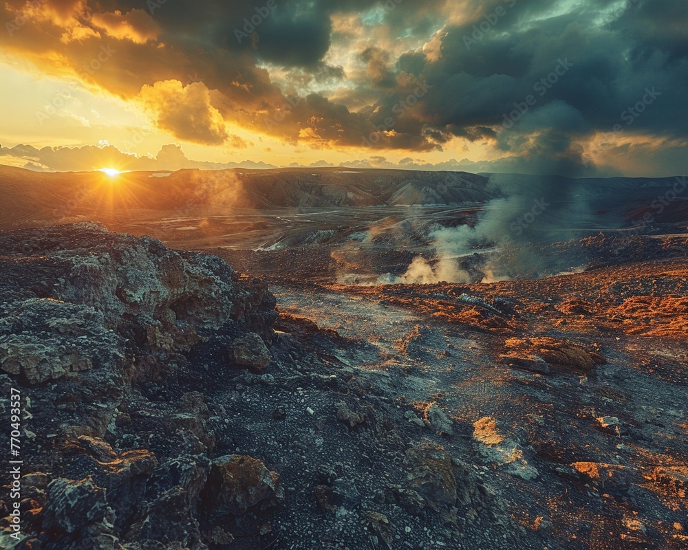 Hot Spring Rocks Drawing Geothermal activity, steam rising from hot springs, rocks glowing red ...
