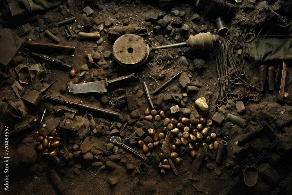 Various tools are strewn across the ground, a chaotic yet strangely organized mess, reflecting the aftermath of a battle. Generative AI Various tools are strewn across the ground, a chaotic yet strangely organized mess, reflecting the aftermath of a battle. Generative AI