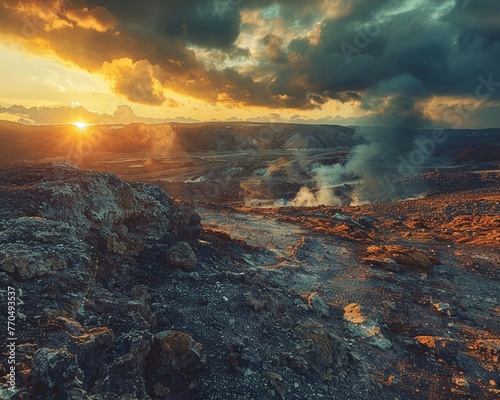 Geothermal activity, steam rising from hot springs, rocks glowing red from heat, the earths raw power on display Photography Golden hour lighting, Vignette